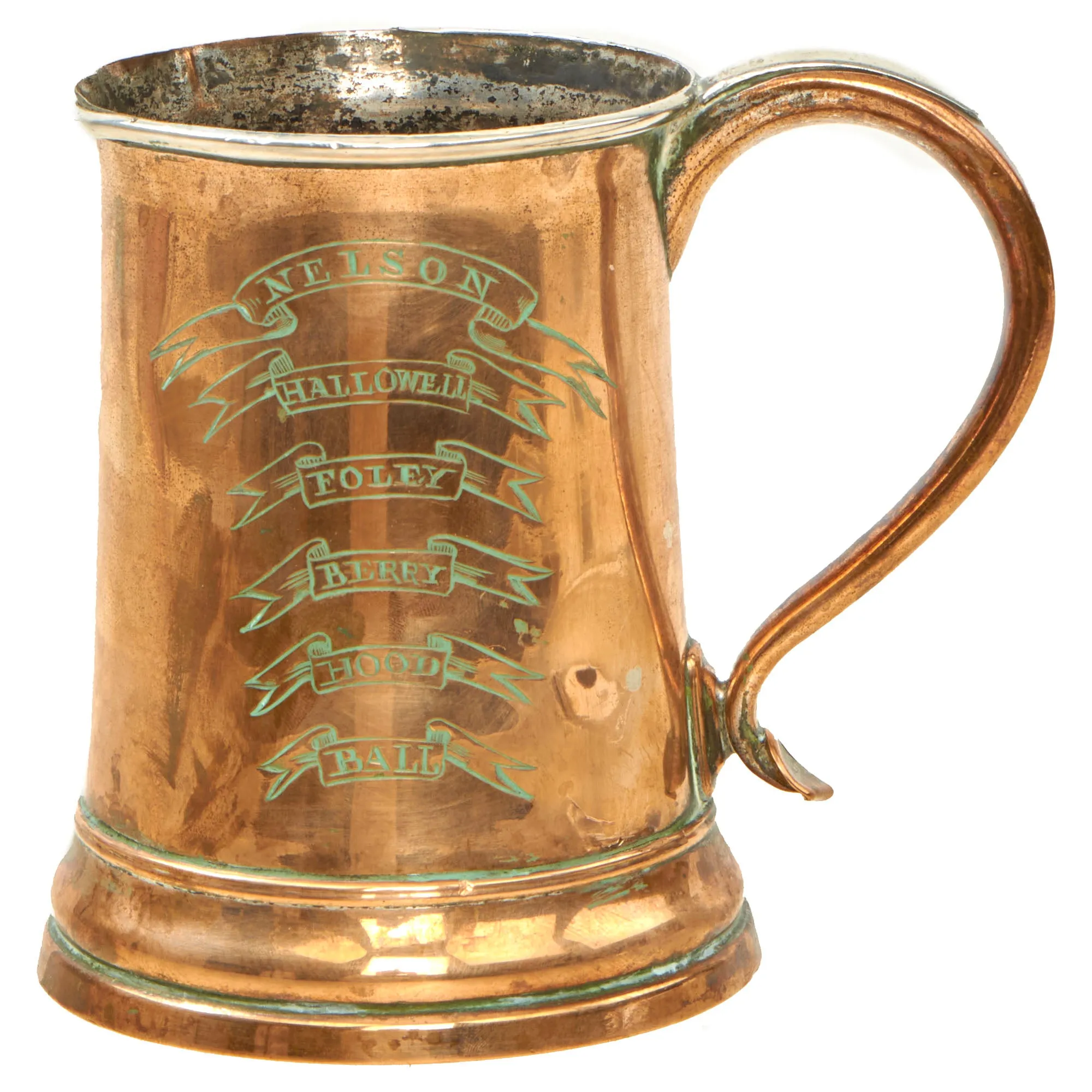 Original British Napoleonic Royal Navy Silver Plated Copper Pint Tankard from HMS ZEALOUS with Nelson’s “Band of Brothers” Engraved on the Side - c. 1800