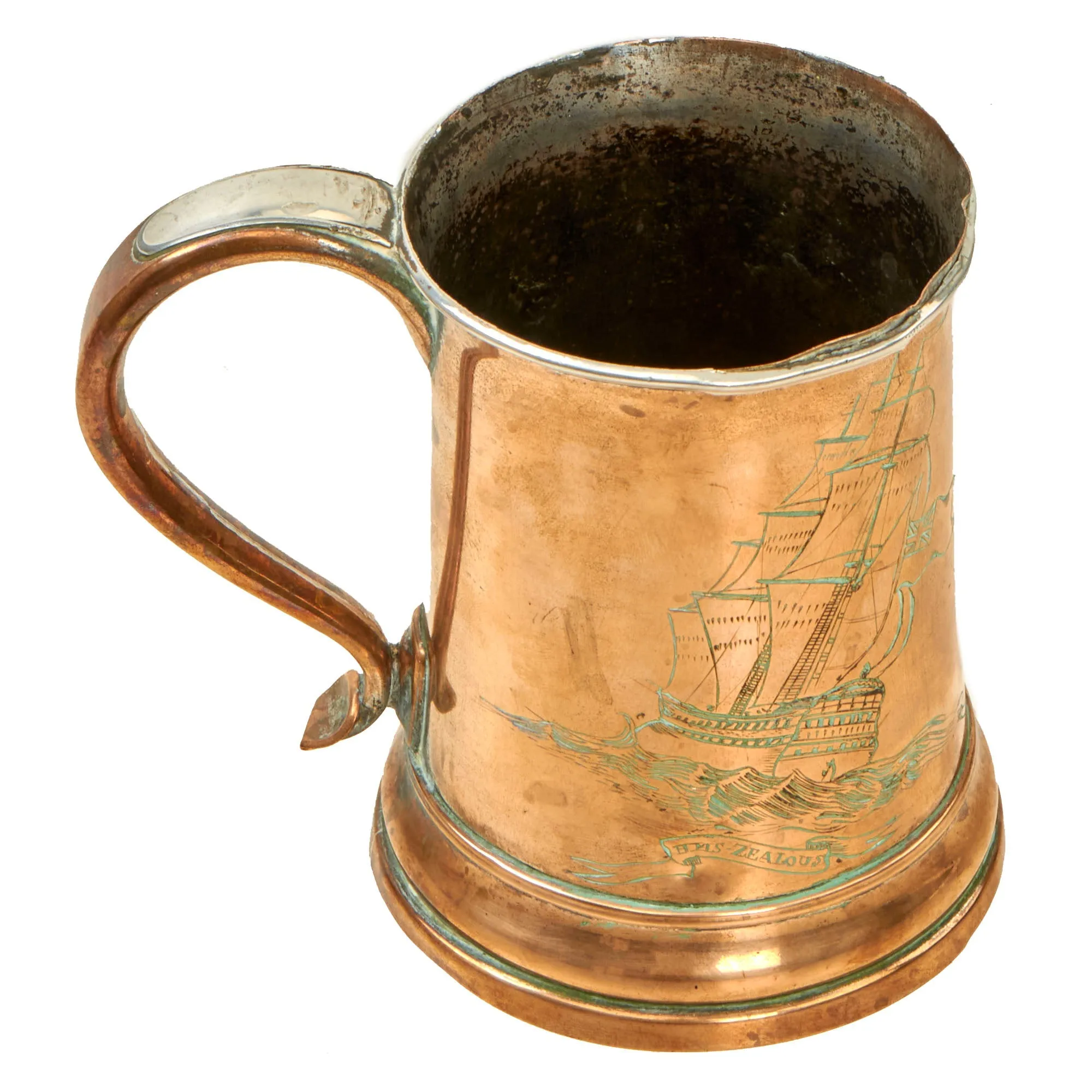 Original British Napoleonic Royal Navy Silver Plated Copper Pint Tankard from HMS ZEALOUS with Nelson’s “Band of Brothers” Engraved on the Side - c. 1800