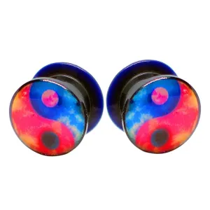 Pierce2GO Black with Blue and Red YingYang Design Acrylic Plugs Set Ear Gauges Flesh Tunnels Plugs Stretchers Expander Ear Piercing Jewelry