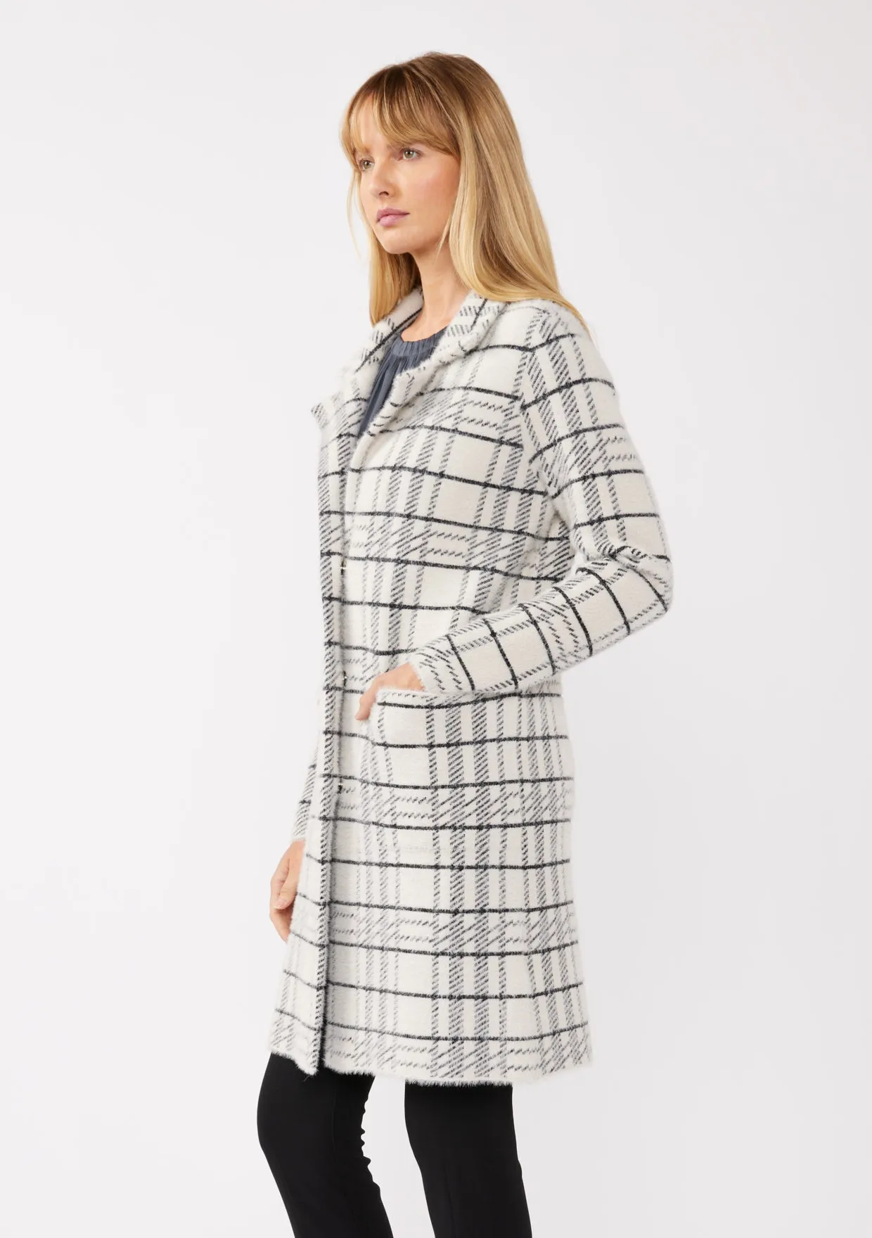 Plaid Notched Collar Button Front Cardigan