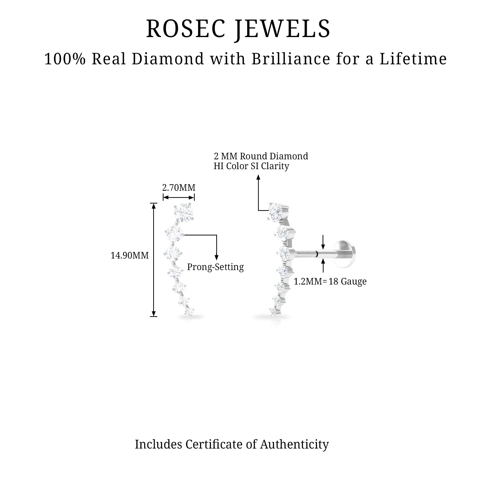 Real Diamond Ear Climber Earring for Helix Piercing