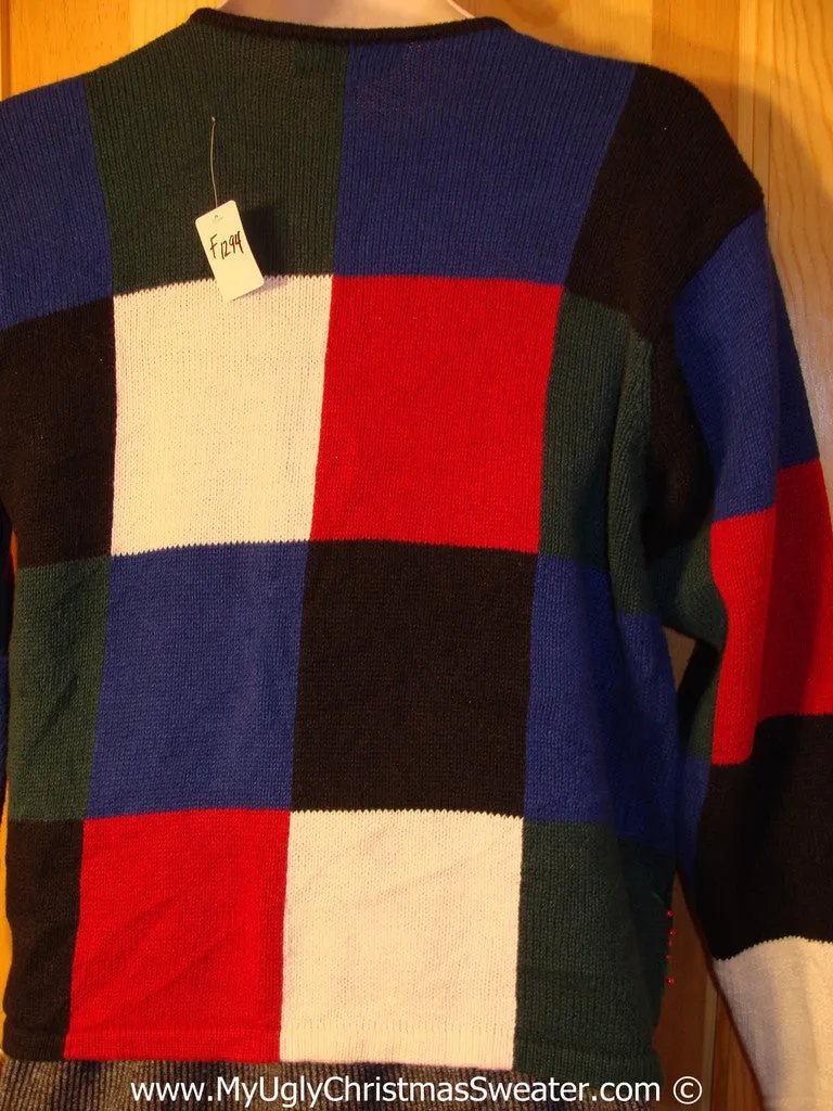 Red, Blue, and Black Checkerboard Tacky Christmas Sweater (f1294)