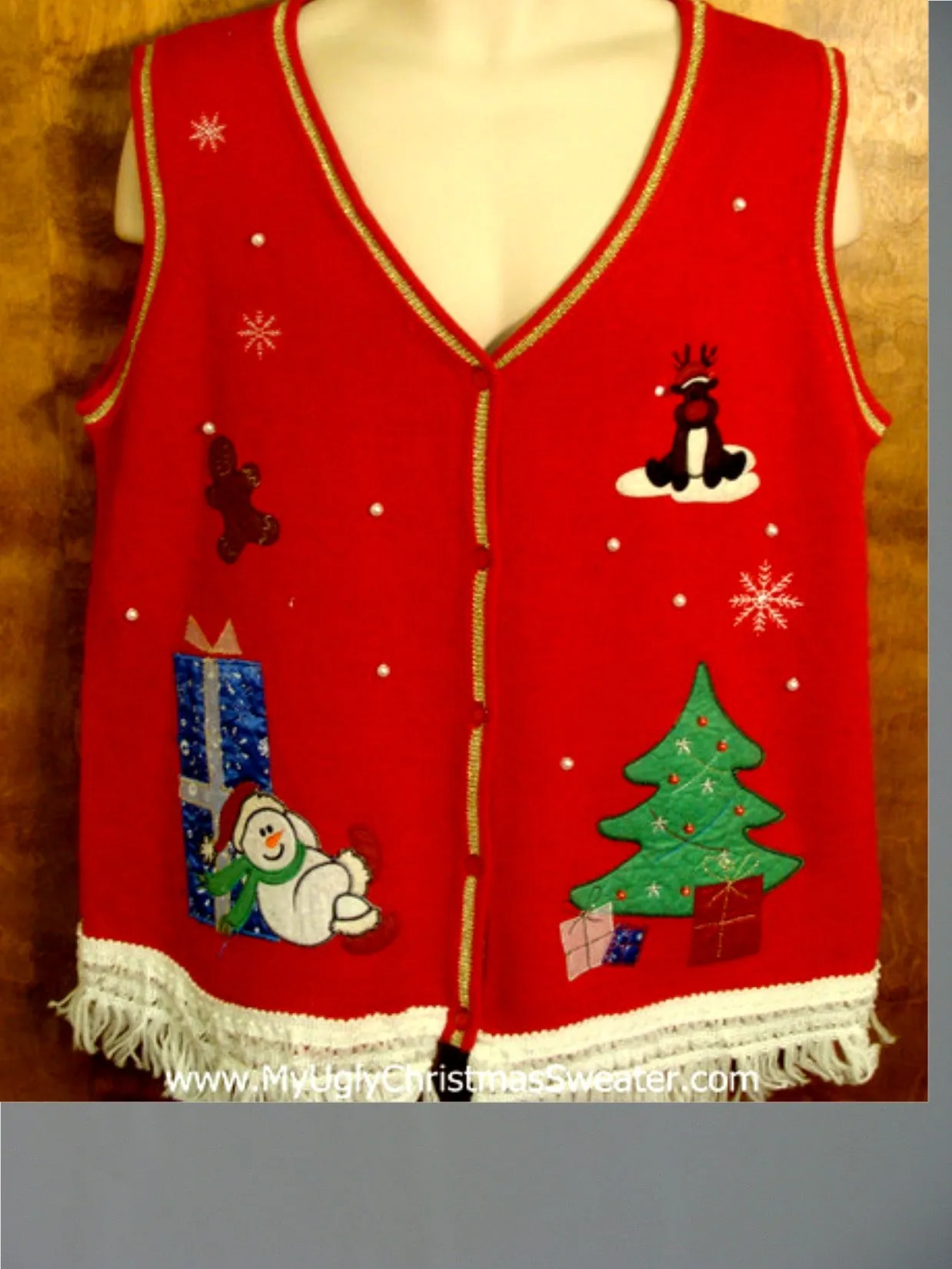 Red Christmas Vest with Sleepy Snowman