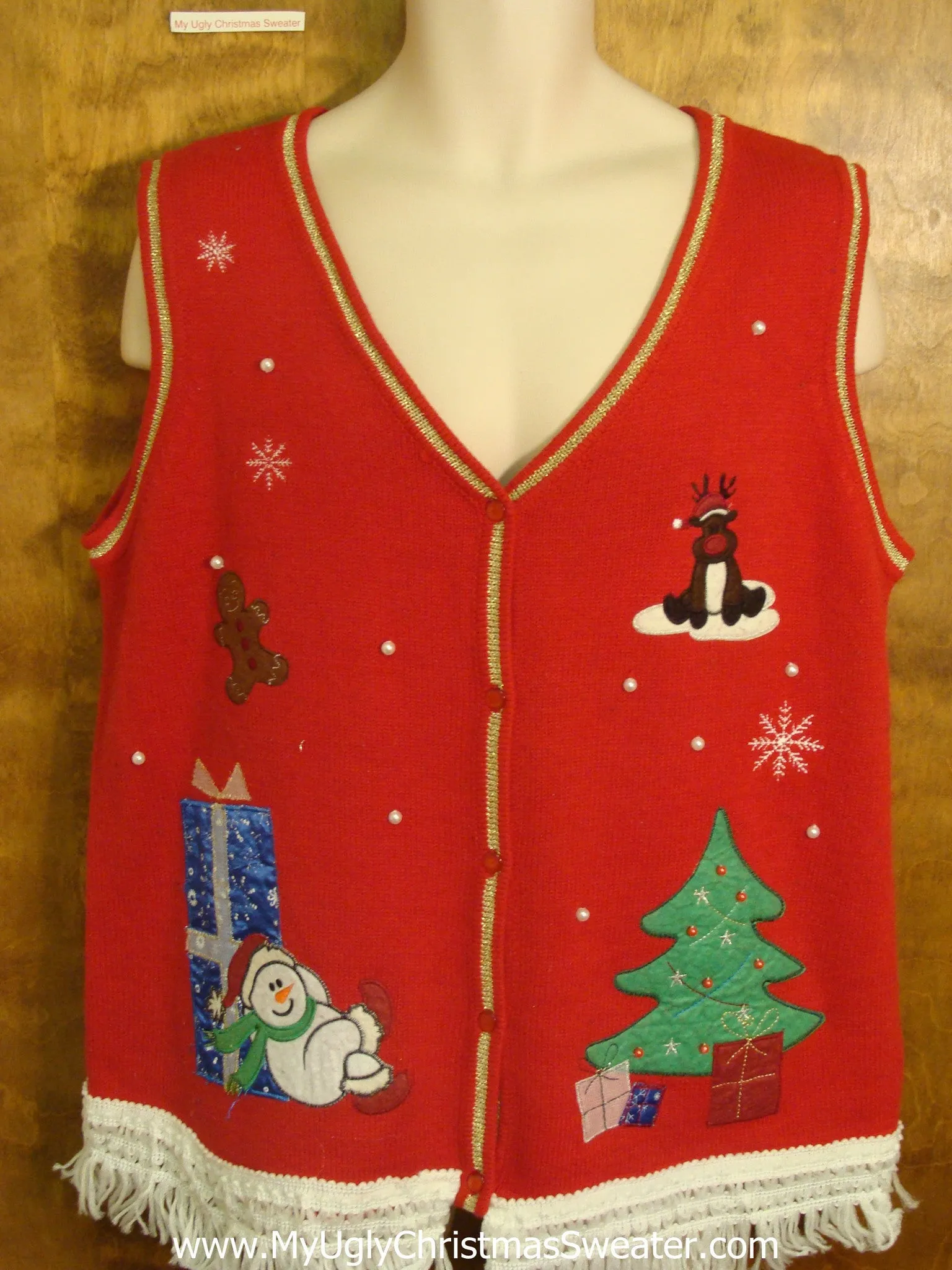 Red Christmas Vest with Sleepy Snowman