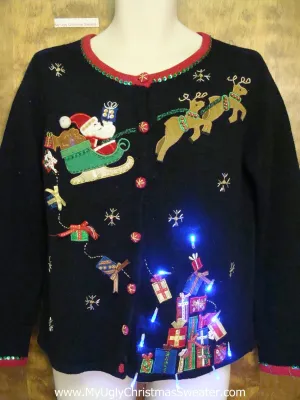Santa and Reindeer Ugly Christmas Sweater with Lights