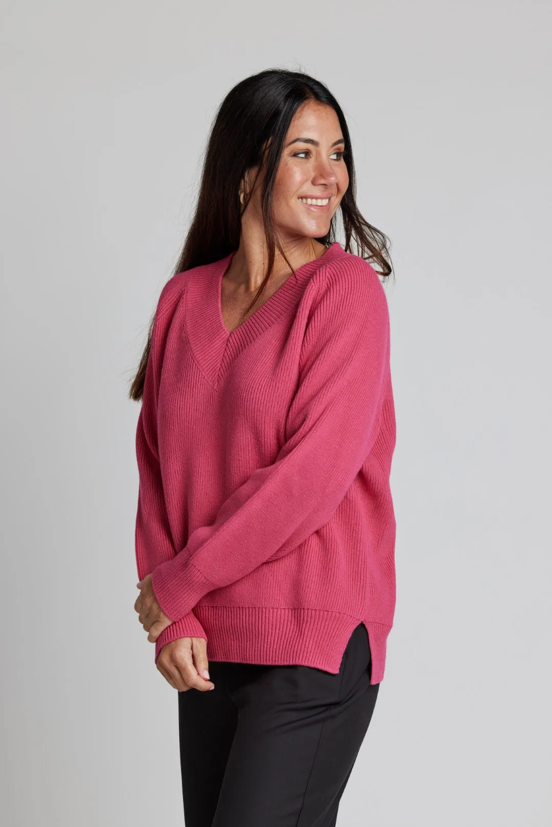 Stella & Gemma Lobby V-Neck Sweater - Fuchsia