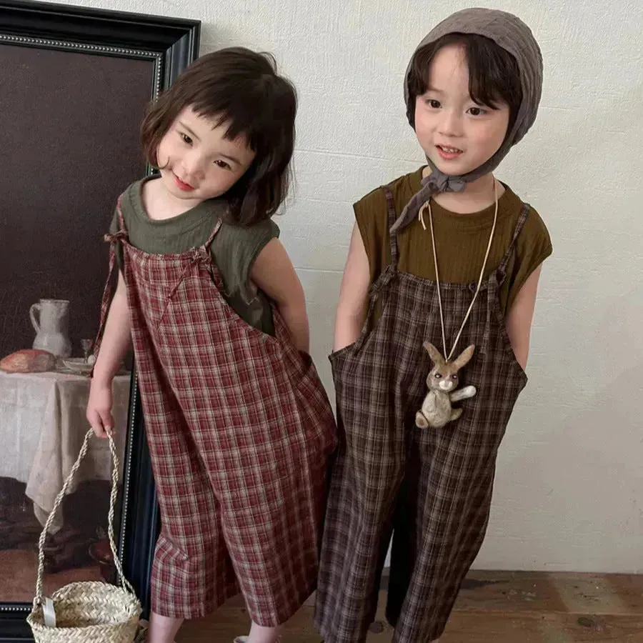 Summer Children's Plaid Overalls boy And girl Baby Unisex Mori Style Retro Jumpsuit Straight-leg Pants