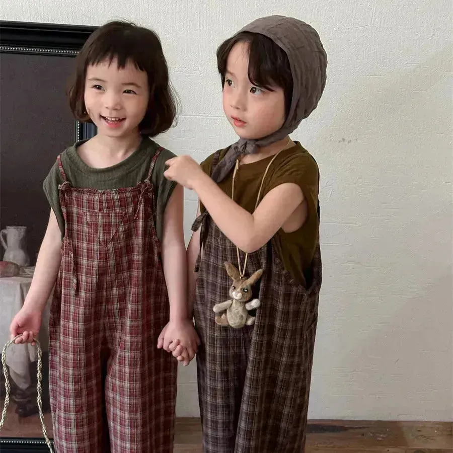 Summer Children's Plaid Overalls boy And girl Baby Unisex Mori Style Retro Jumpsuit Straight-leg Pants