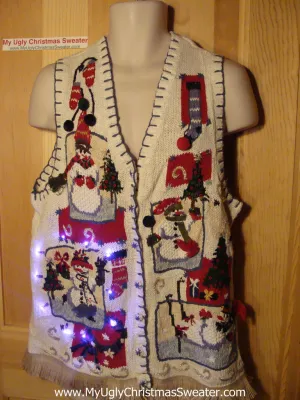 Tacky Ugly Christmas Sweater Vest with Lights and Fringe (g74)