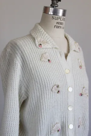 Vintage 1950s Off White Cardigan Sweater, with Fan Appliques