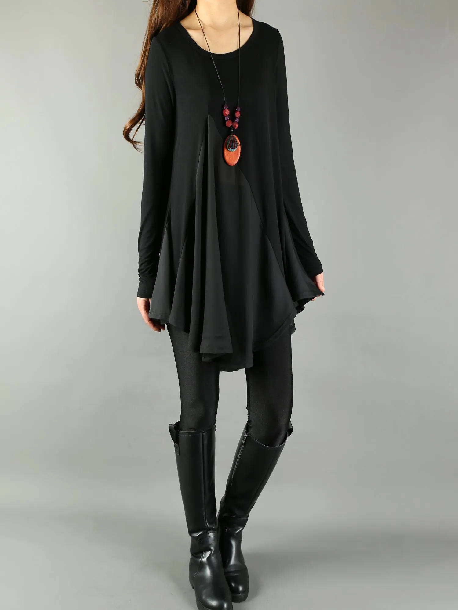 Women's Modal and Chiffon Tunic Dress/Modal Top/Chiffon Tunic for Women/Tunic Tops for Leggings/chiffon dress/modal t-shirt/long sleeve t-shirt(Y1819)