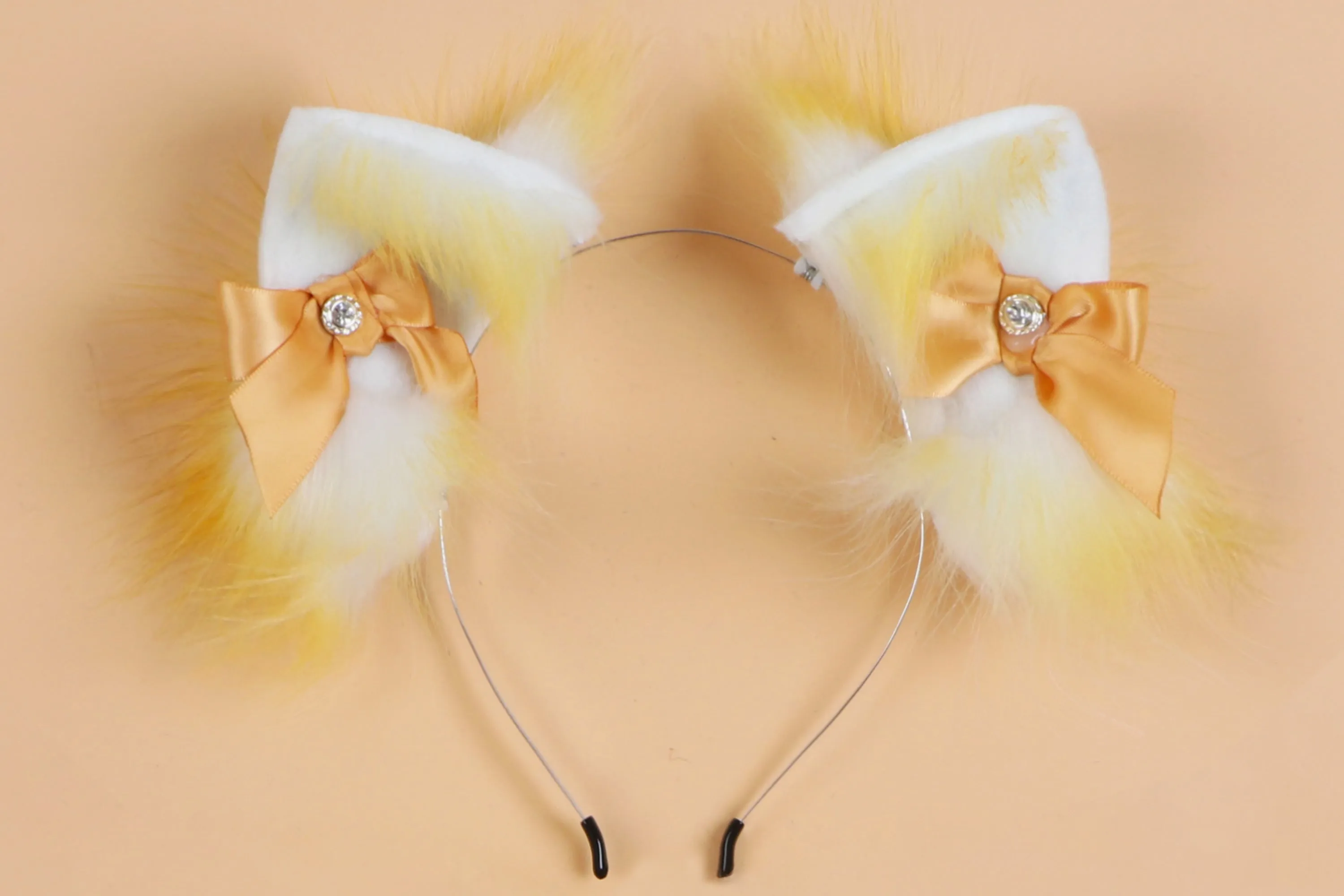 Yellow and white bow tail plug and ear set short tail butt plug and ear kitten tail buttplug bdsm sex toy petplay neko cosplay anime